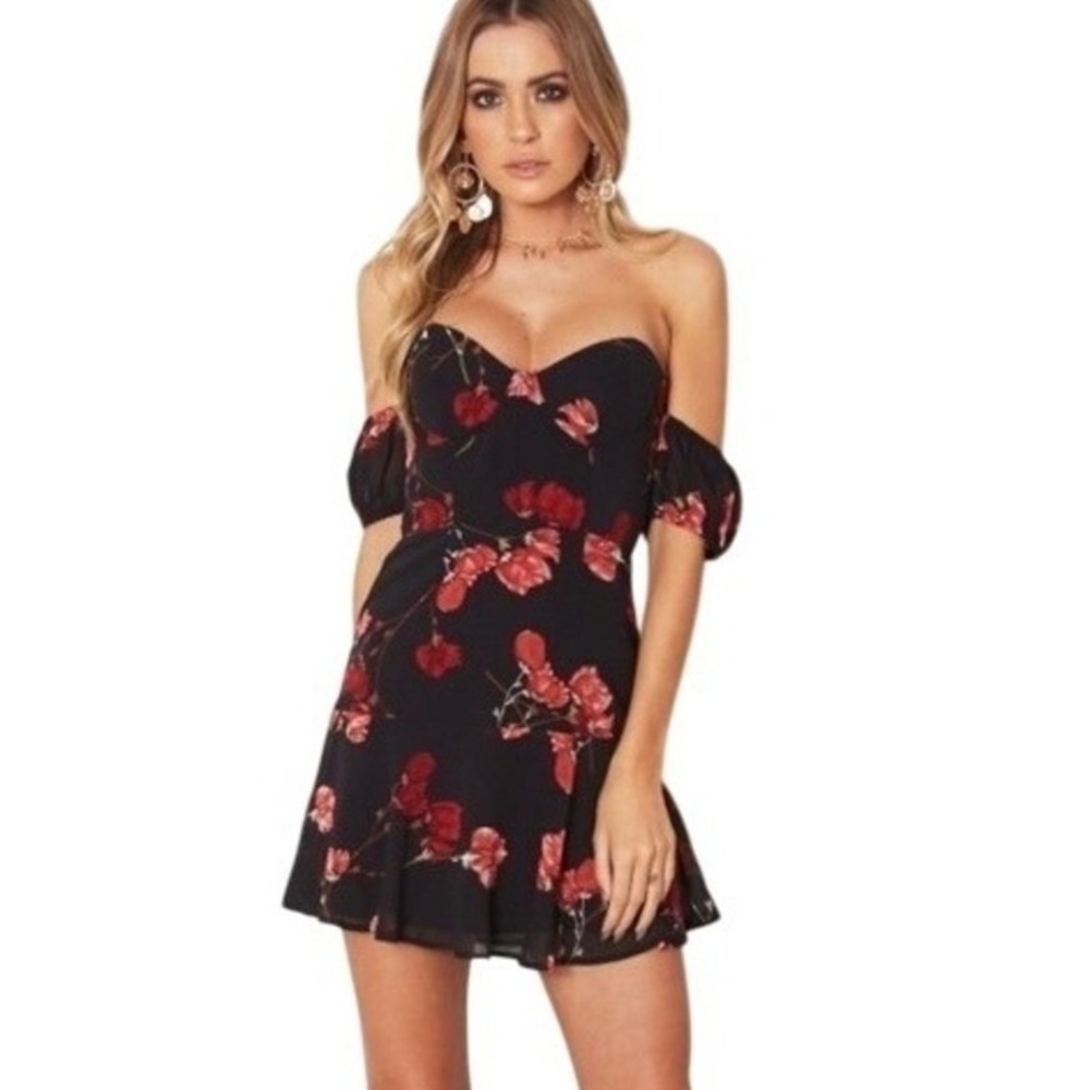 White Fox Black Red Floral Rose Off Shoulder Mini Dress Bustier‎ Large L